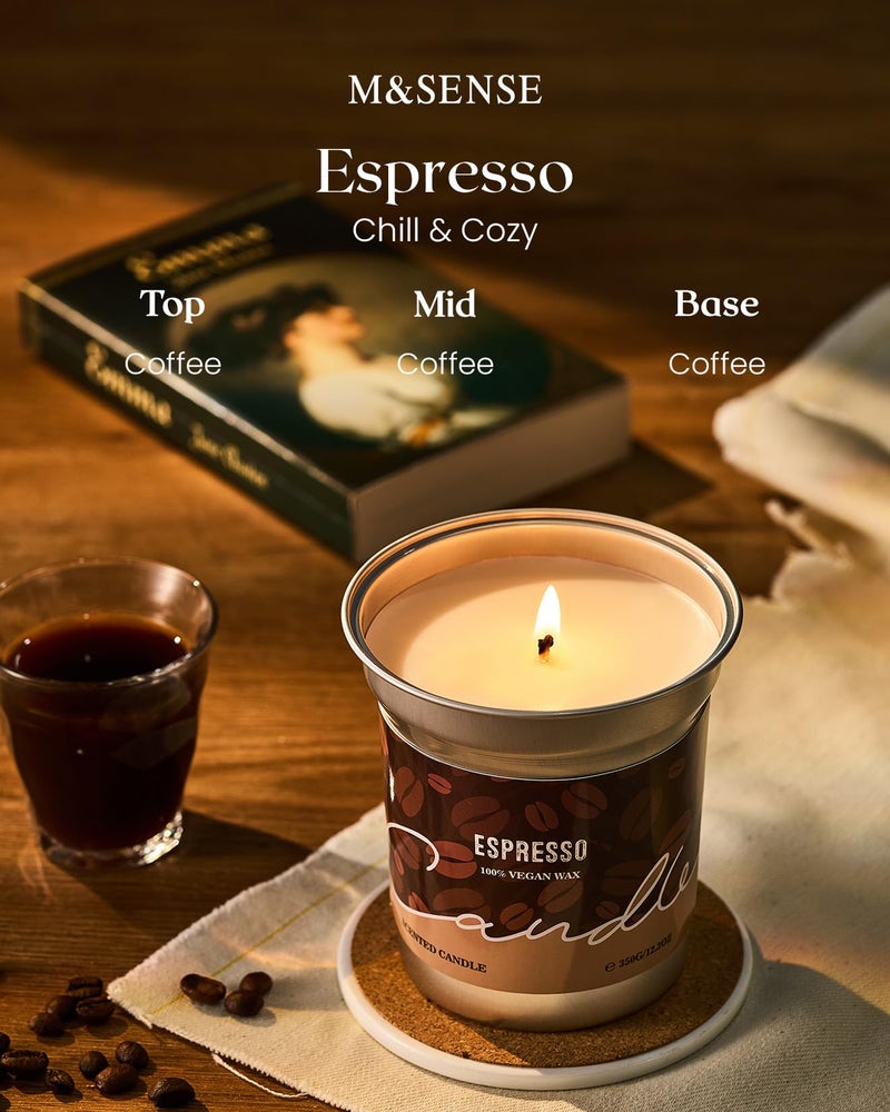 M&SENSE Espresso Candles Black Coffee Scented, 12.3oz Plant-Based Soy Wax 75 Hours Non Toxic Clean Burn, Stress Relief Aromatherapy Gifts for Coffee Lovers, Cozy Winter Holiday Home Decor - Image 3